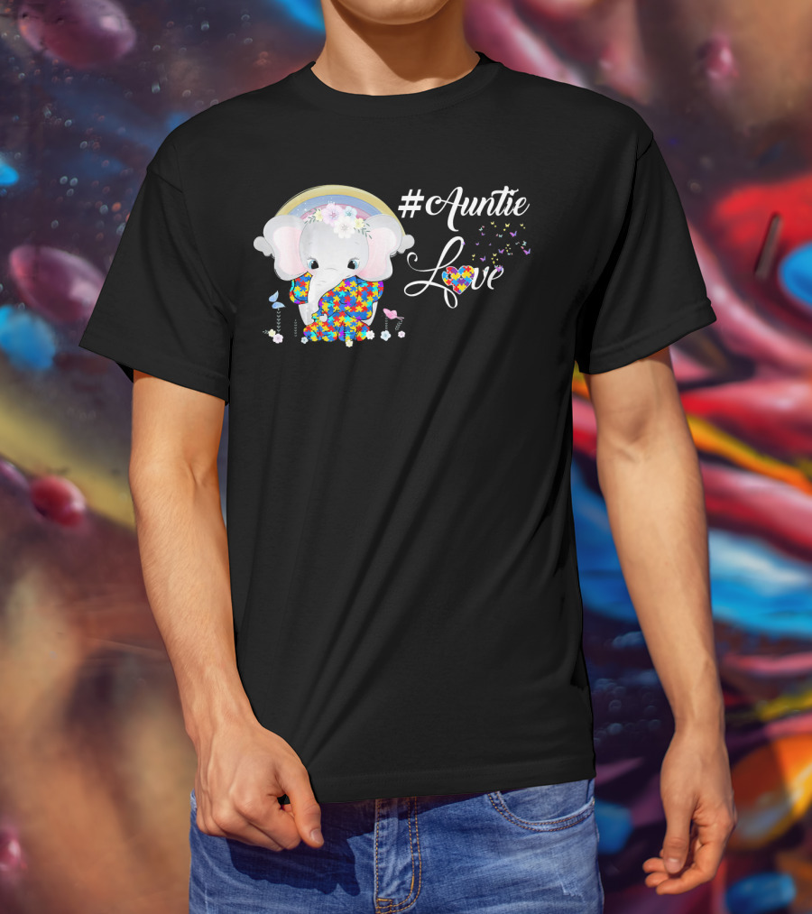 Auntie Love Autism Awareness Elephant With Colorful Puzzle Pattern And Rainbow T-Shirt