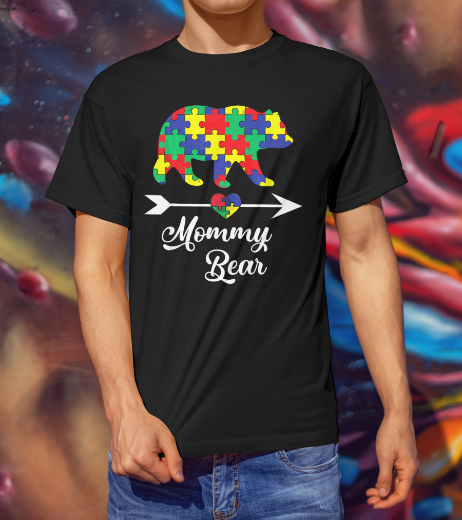 Mommy Bear With Puzzle Heart Autism Awareness T-Shirt