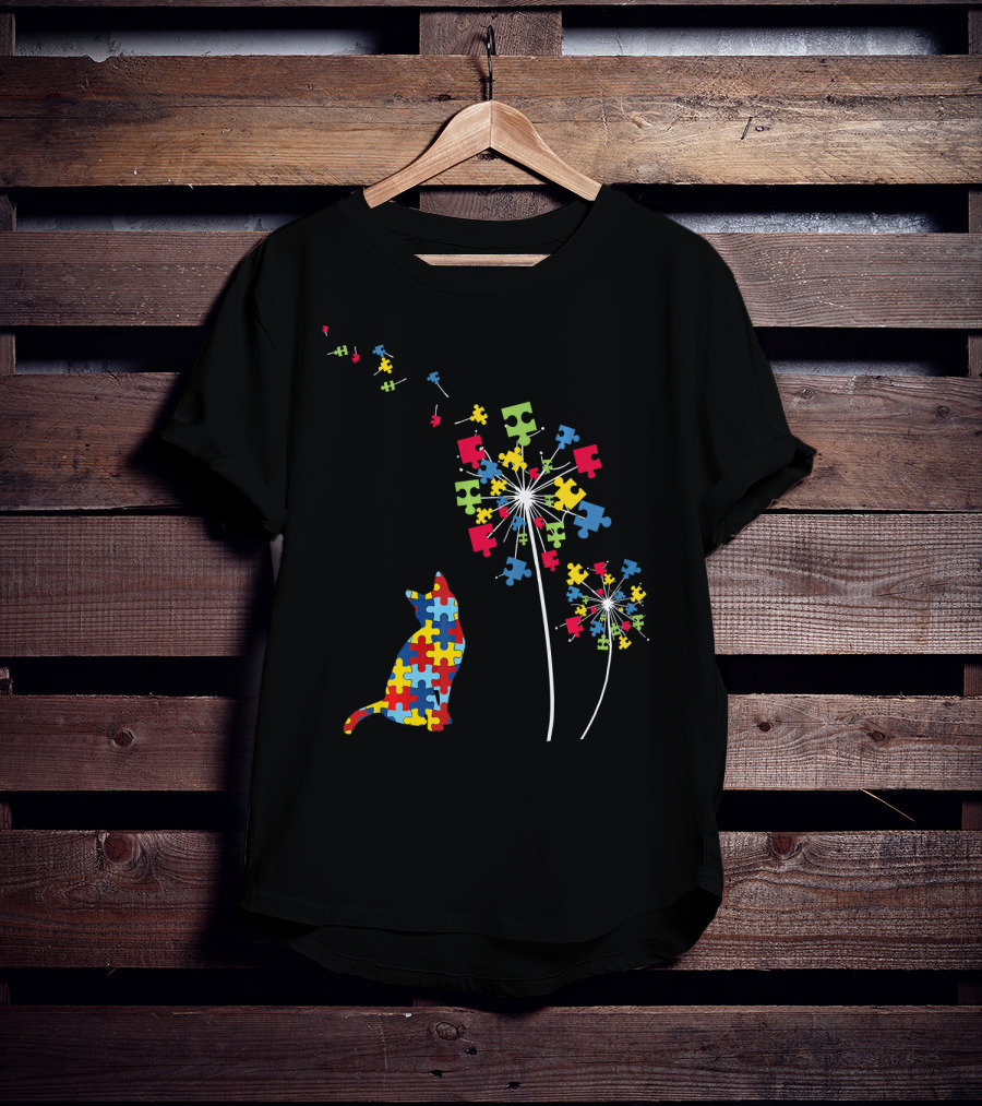 Colorful Puzzle Piece Cat And Dandelion Autism Awareness T-Shirt