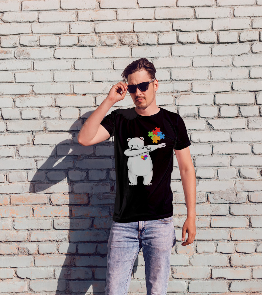Dabbing Polar Bear Puzzle Piece Heart Autism Awareness T-Shirt