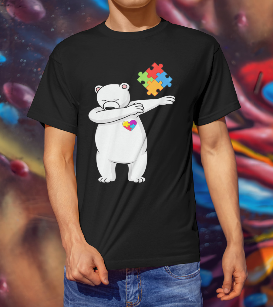 Dabbing Polar Bear Puzzle Piece Heart Autism Awareness T-Shirt