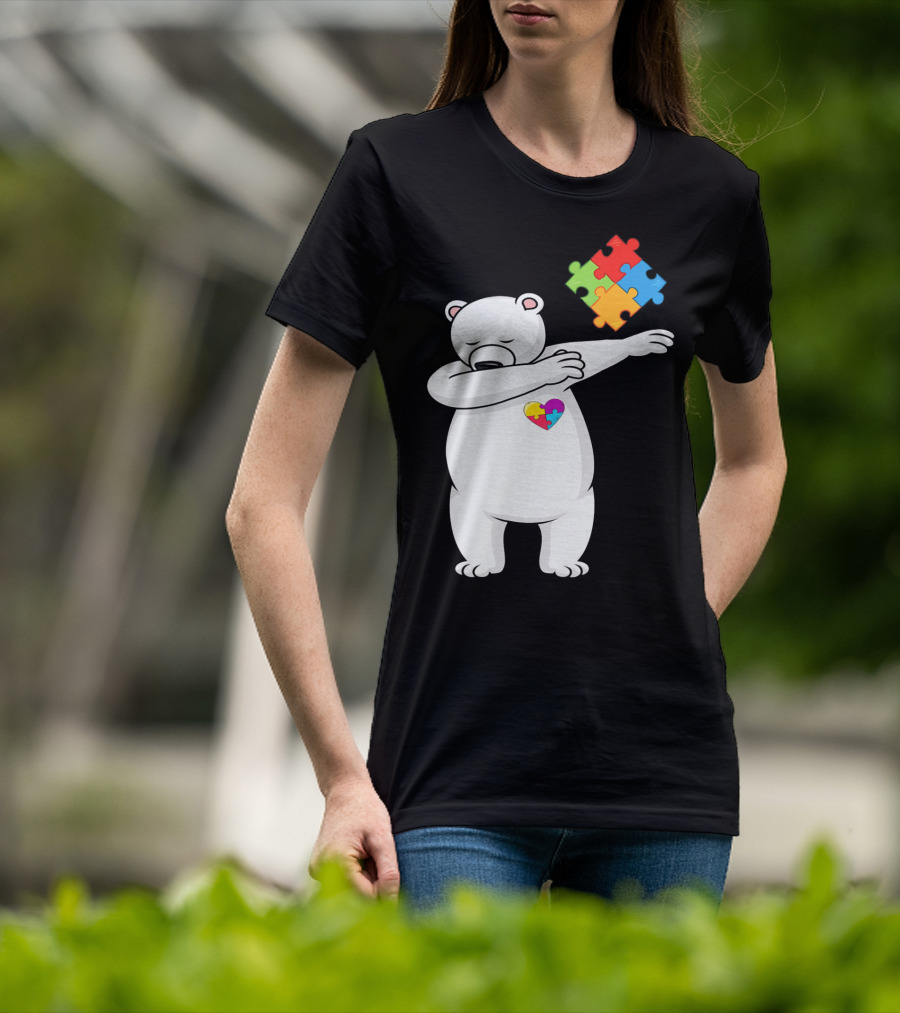Dabbing Polar Bear Puzzle Piece Heart Autism Awareness T-Shirt