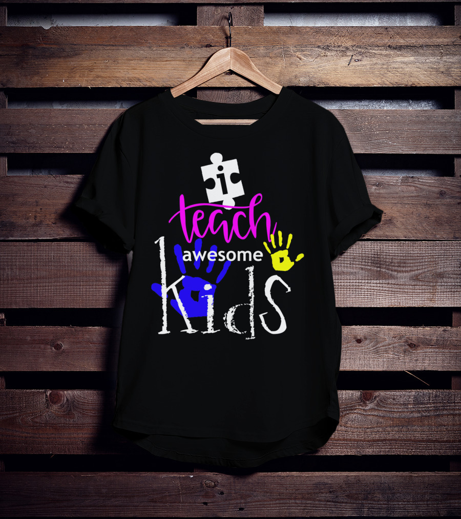I Teach Awesome Kids Autism Puzzle Piece Handprints T-Shirt
