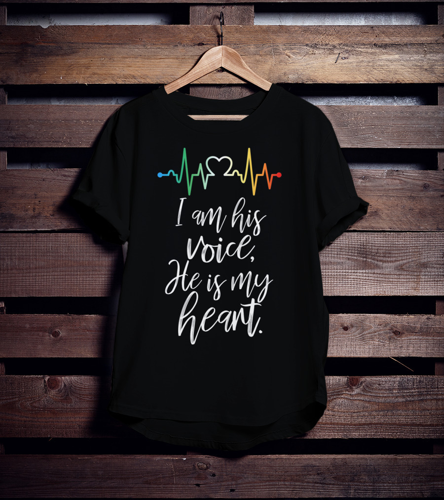 I Am His Voice He Is My Heart Autism Awareness Heartbeat T-Shirt