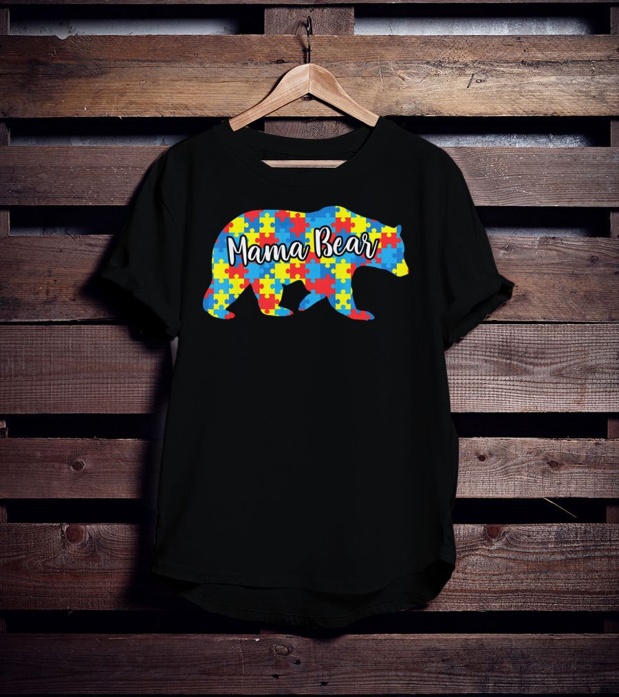 Mama Bear Autism Awareness Puzzle Pattern Love Support T-Shirt