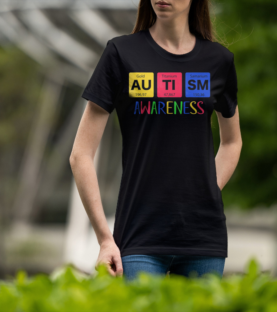 Autism Awareness Gold Titanium Samarium Periodic Elements T-Shirt