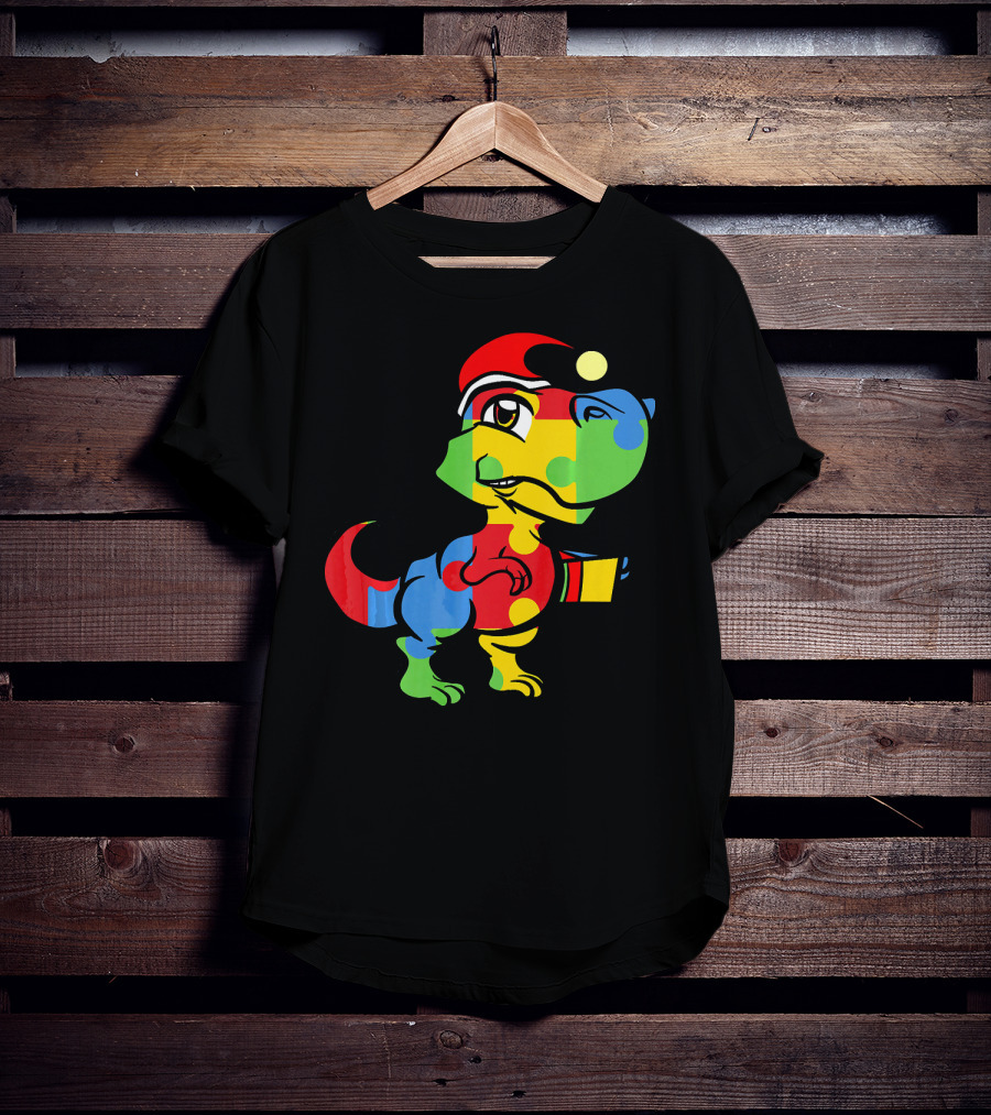 Funny Christmas Autism Awareness Santa Dinosaur Puzzle T-Shirt