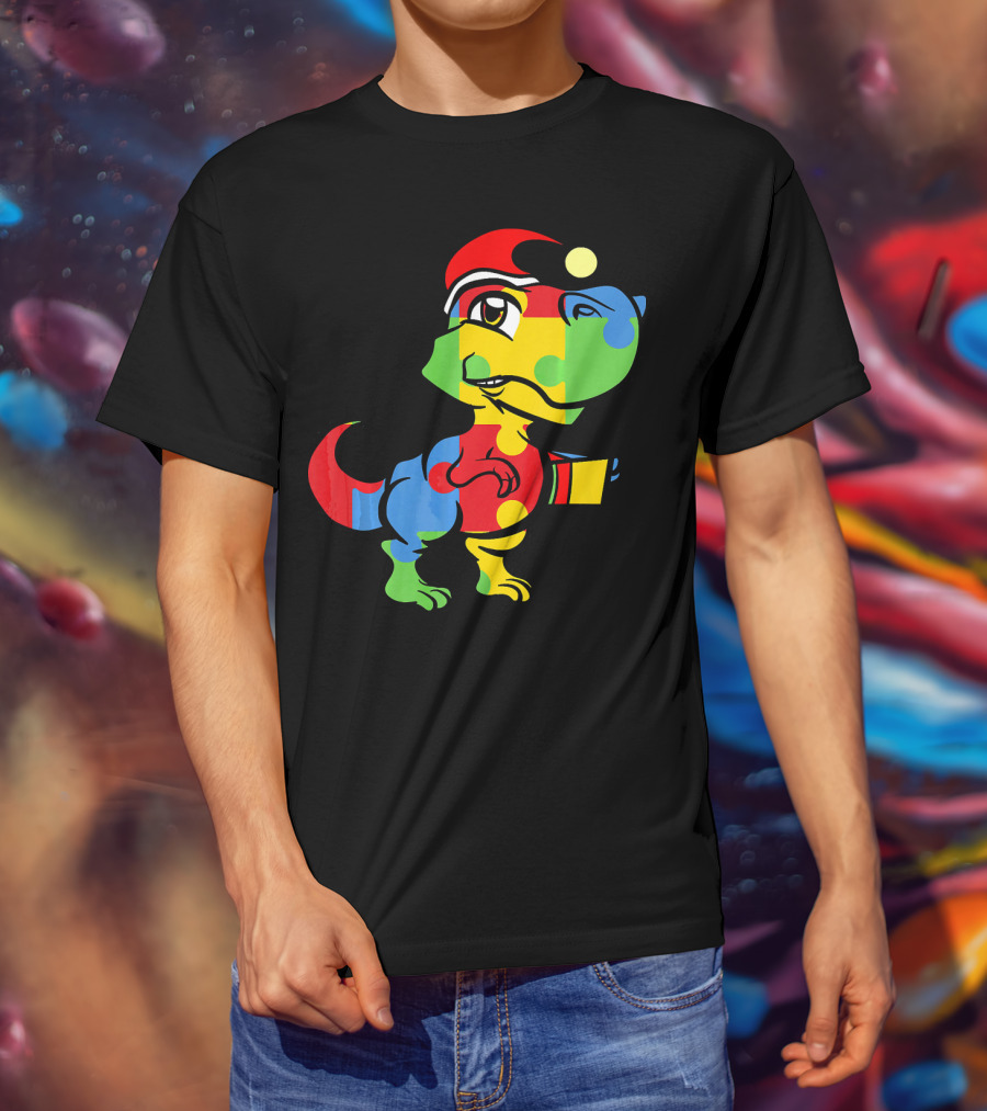 Funny Christmas Autism Awareness Santa Dinosaur Puzzle T-Shirt