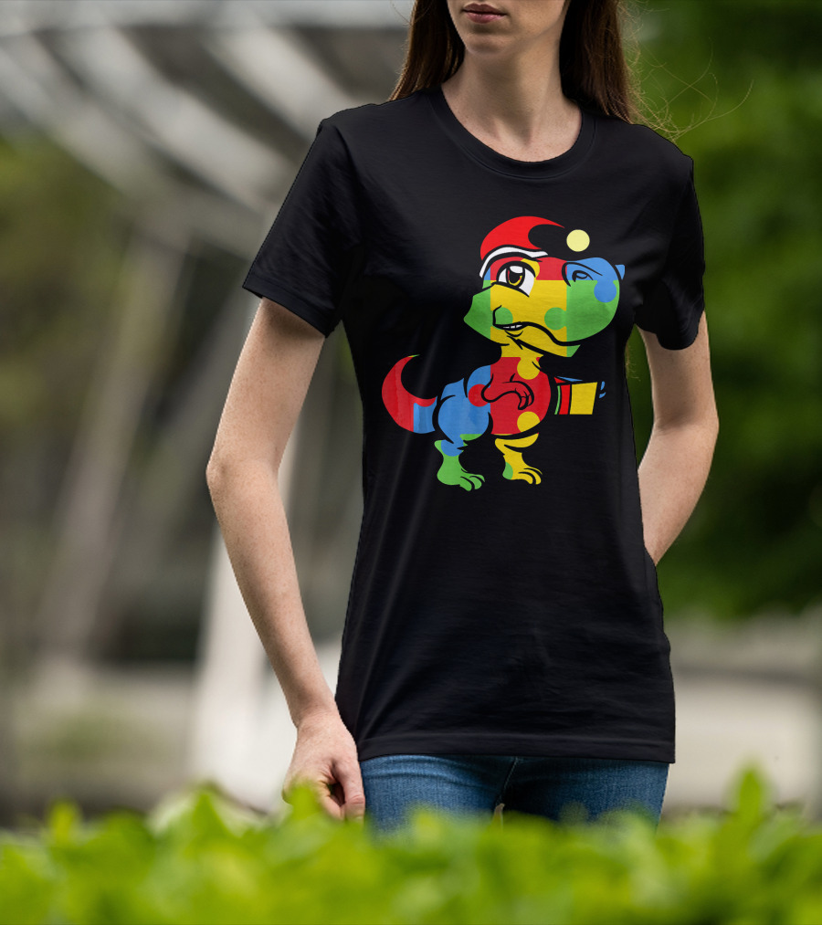 Funny Christmas Autism Awareness Santa Dinosaur Puzzle T-Shirt