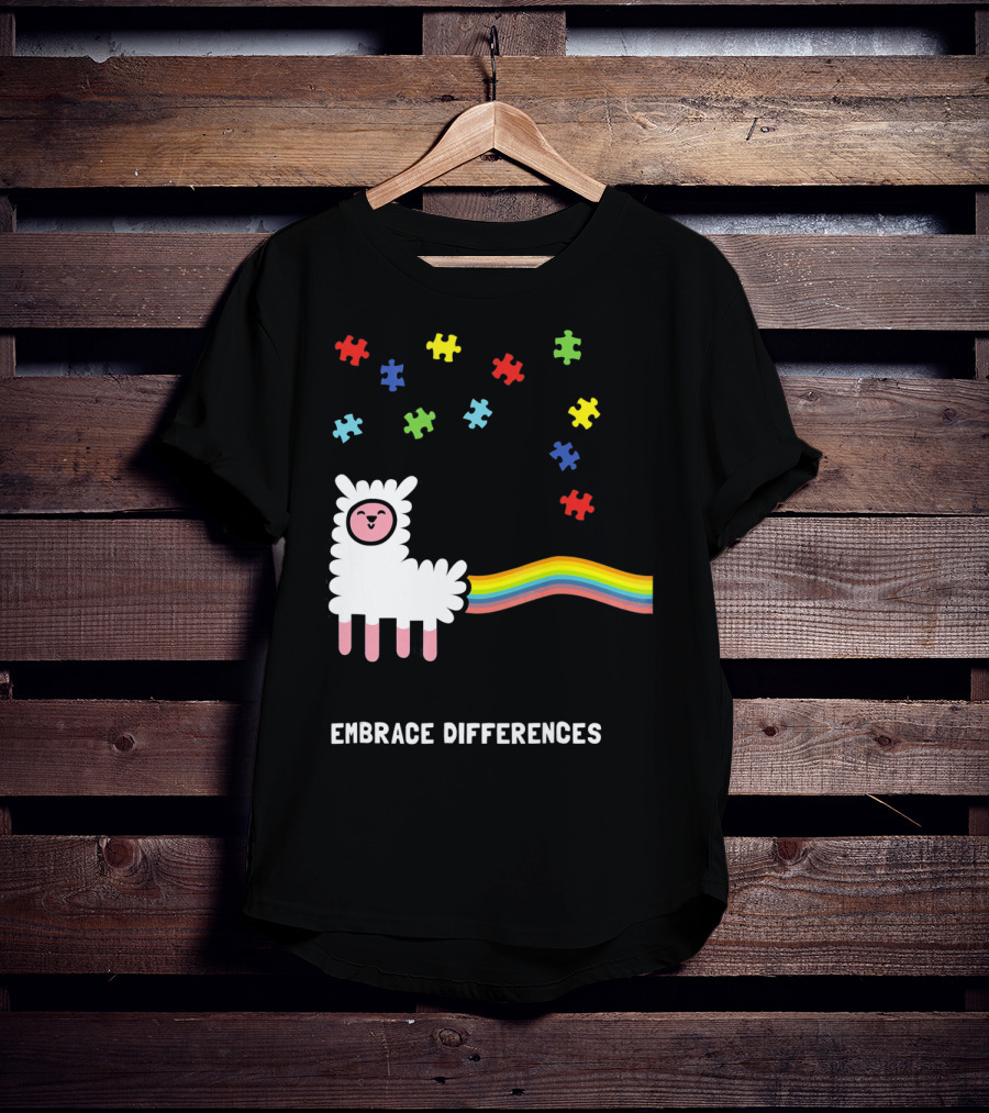 Embrace Differences Autism Awareness Llama Rainbow Puzzle Pieces T-Shirt
