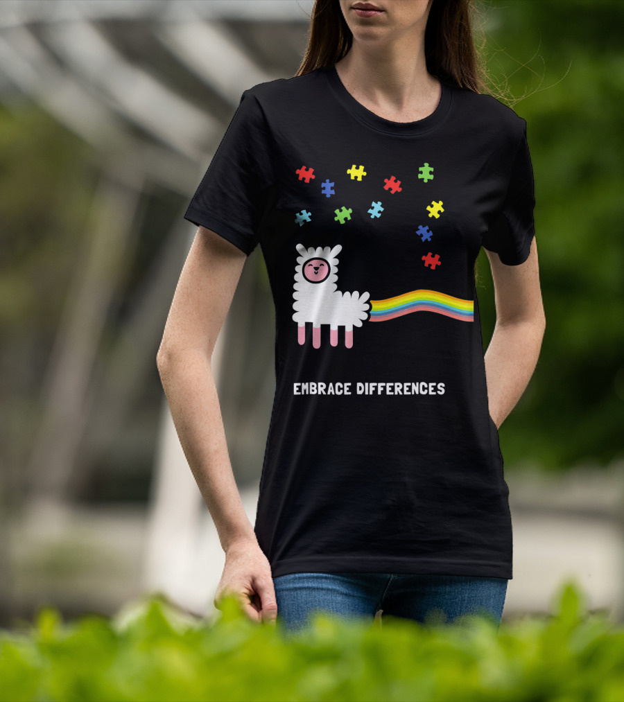 Embrace Differences Autism Awareness Llama Rainbow Puzzle Pieces T-Shirt