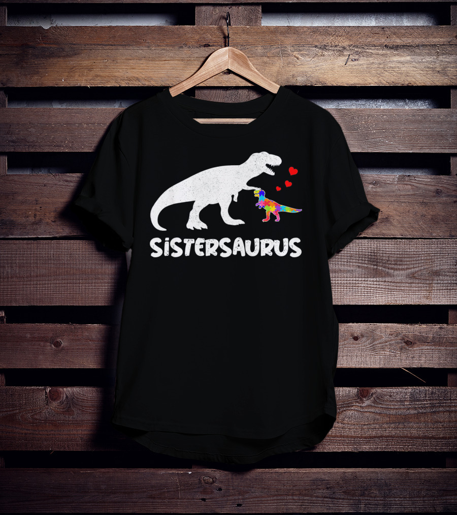 Sistersaurus Dinosaur Rainbow Puzzle Hearts T-Shirt