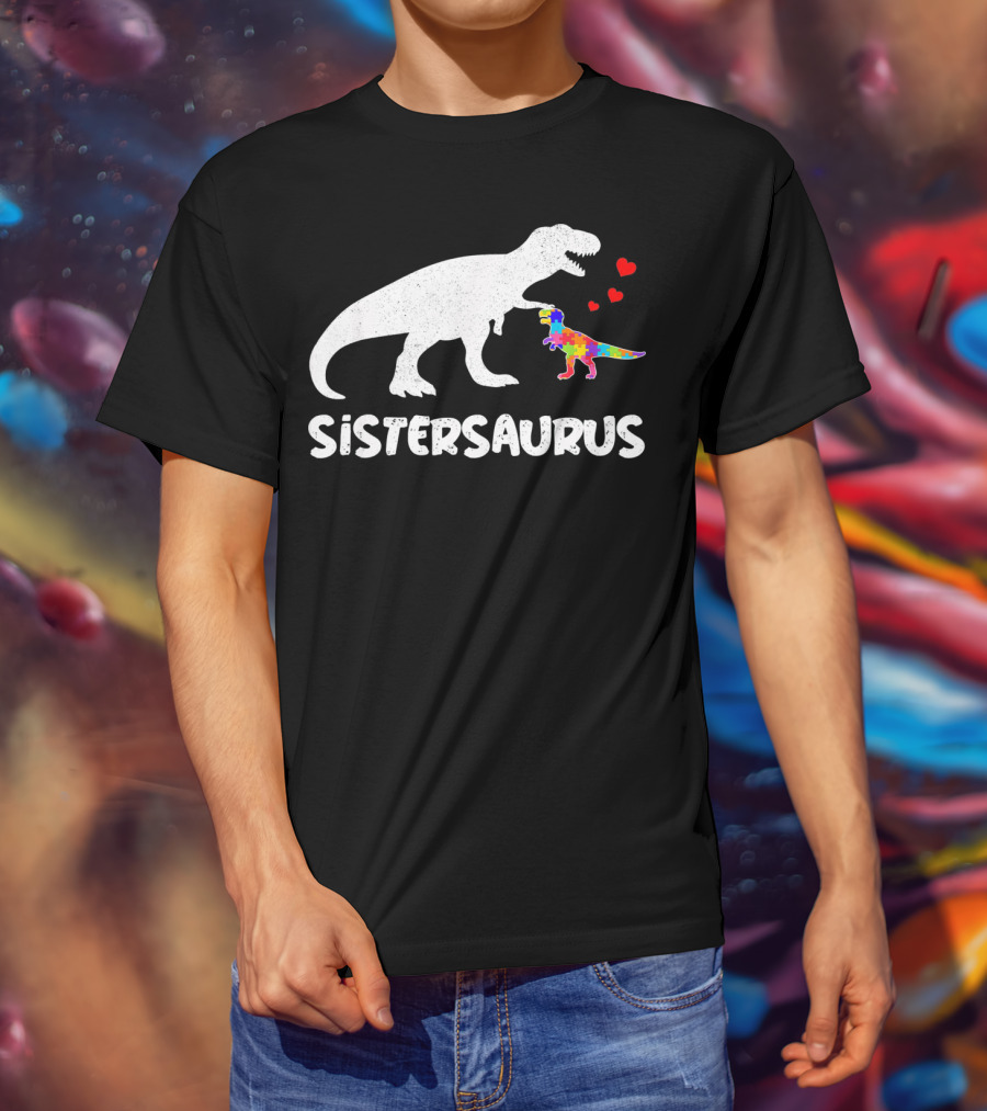 Sistersaurus Dinosaur Rainbow Puzzle Hearts T-Shirt