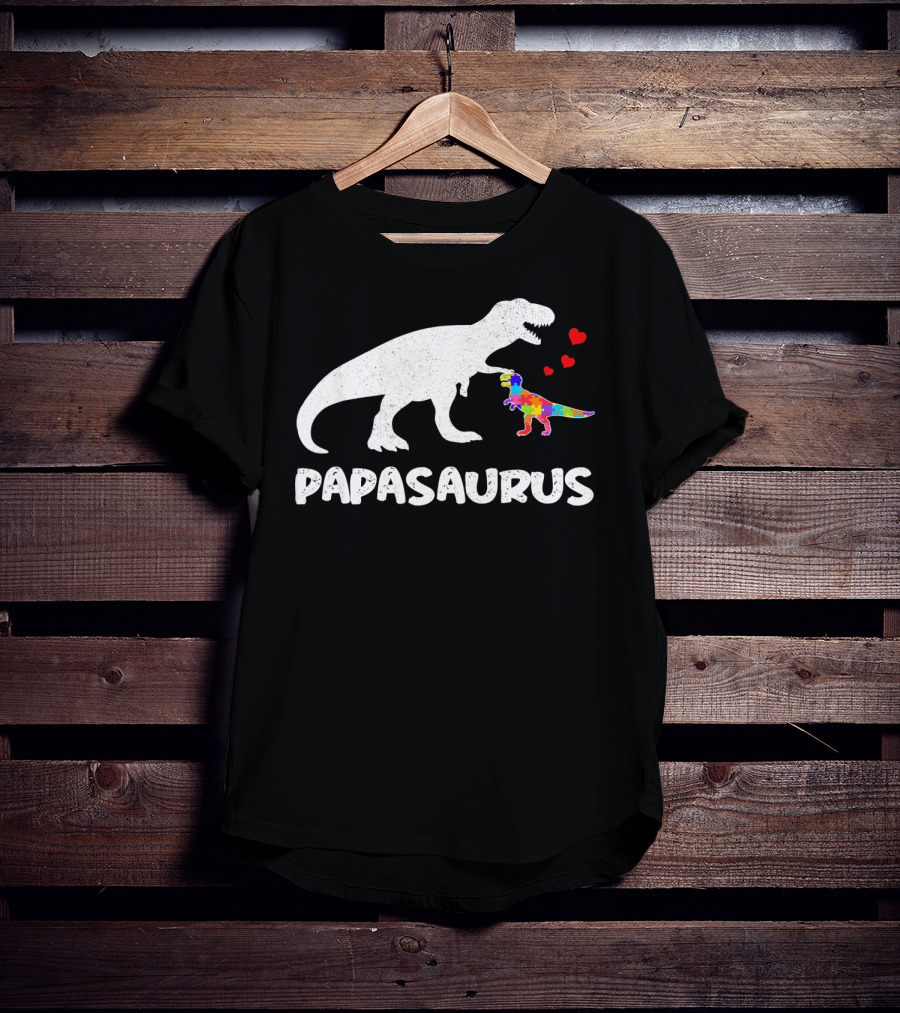Papasaurus Dinosaur Puzzle Piece Autism Hearts T-Shirt