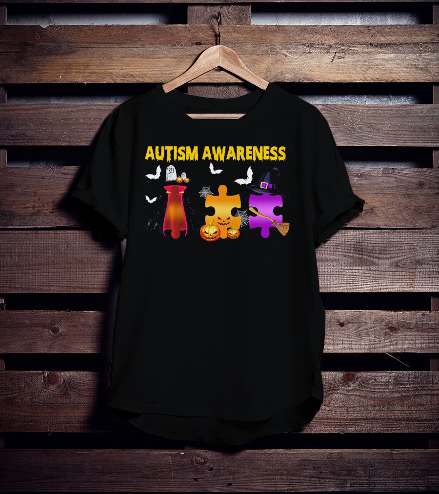 Autism Awareness Halloween Puzzle Pieces With Witch Hat Bats And Pumpkins T-Shirt