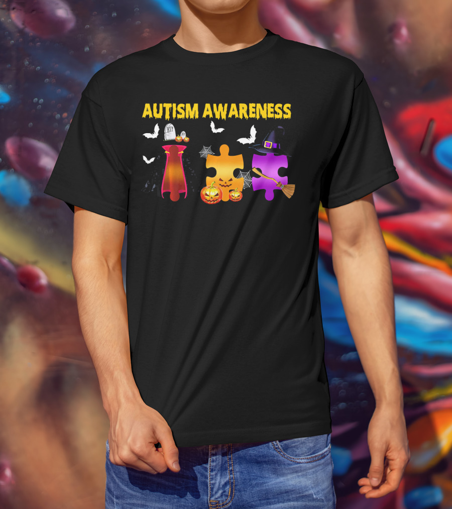 Autism Awareness Halloween Puzzle Pieces With Witch Hat Bats And Pumpkins T-Shirt
