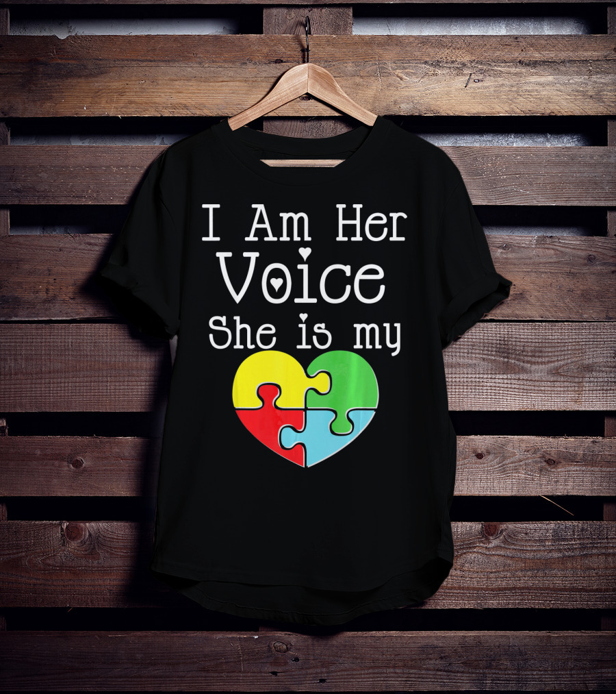 I Am Her Voice She Is My Heart Autism Puzzle Heart T-Shirt