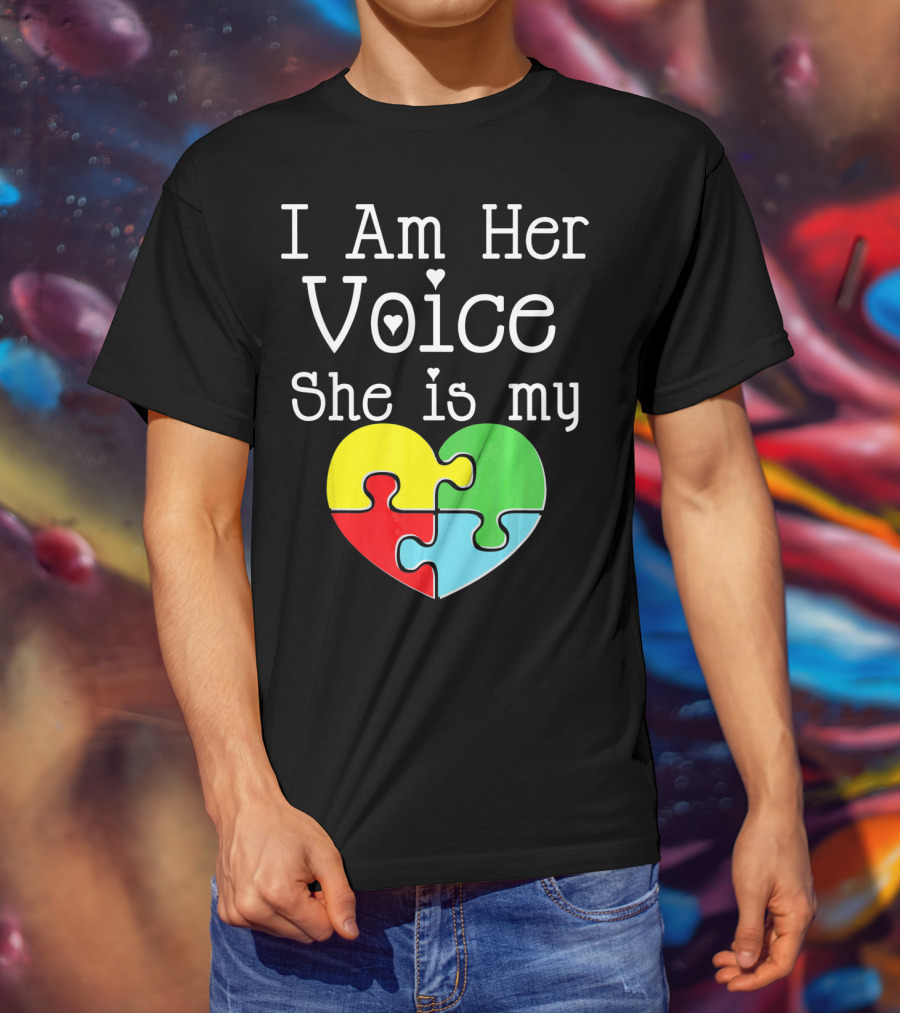 I Am Her Voice She Is My Heart Autism Puzzle Heart T-Shirt