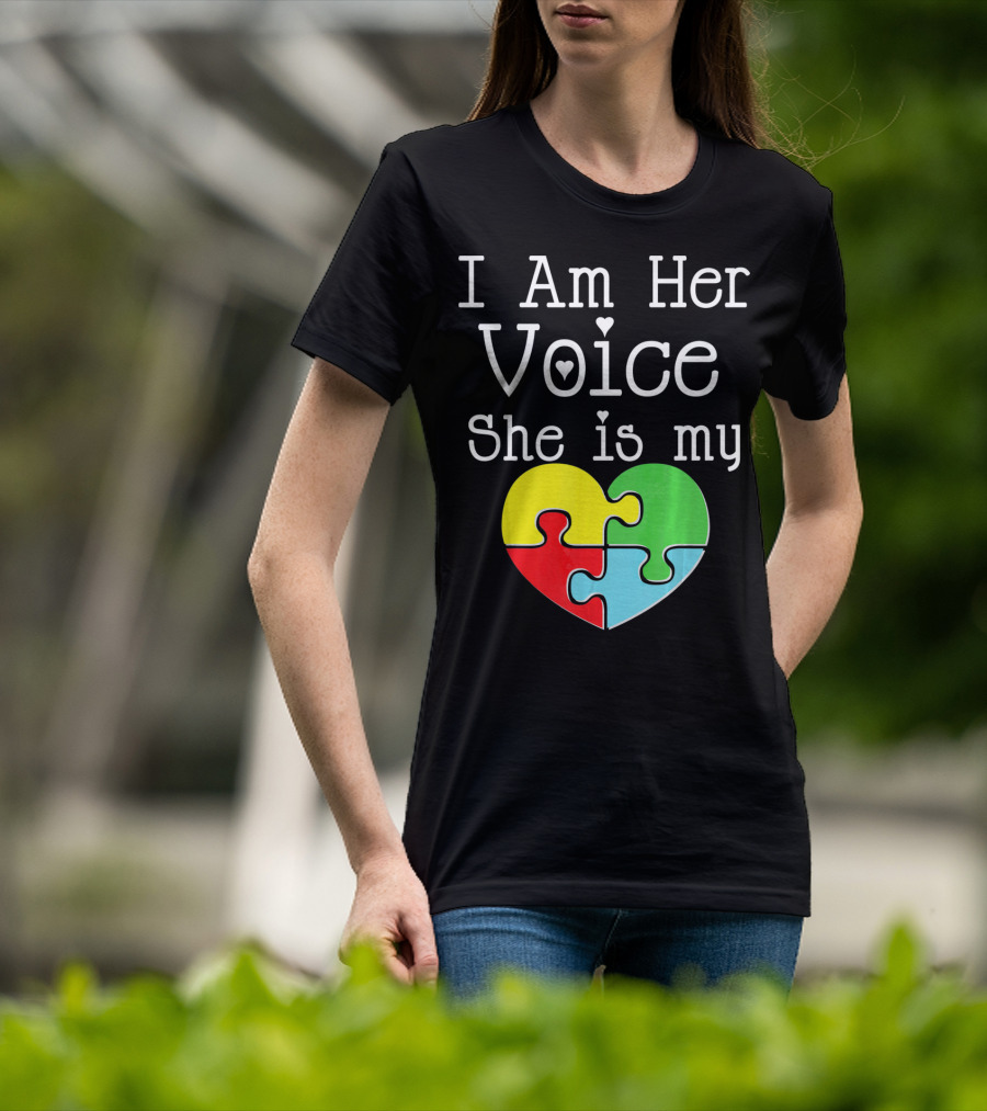 I Am Her Voice She Is My Heart Autism Puzzle Heart T-Shirt
