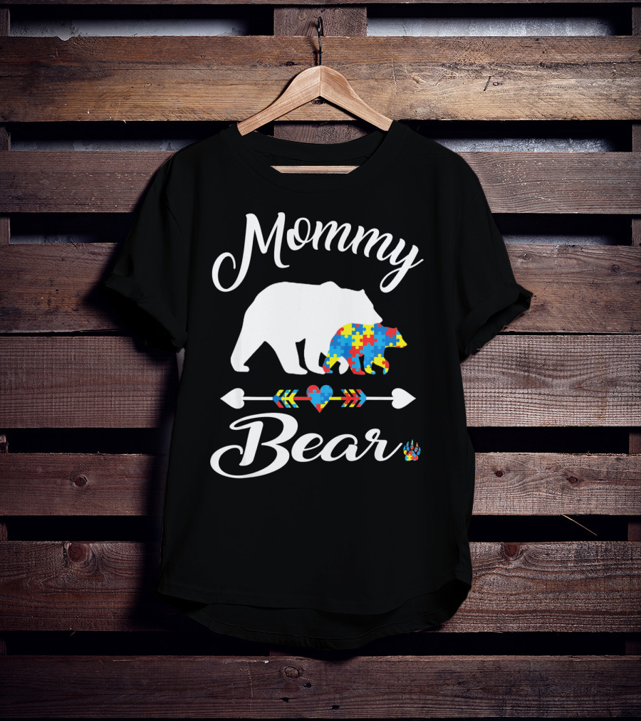 Mommy Bear Autism Awareness Puzzle Pattern Heart T-Shirt