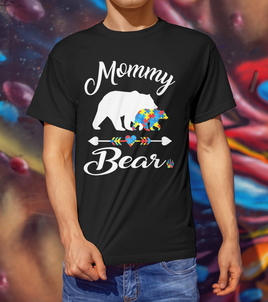 Mommy Bear Autism Awareness Puzzle Pattern Heart T-Shirt