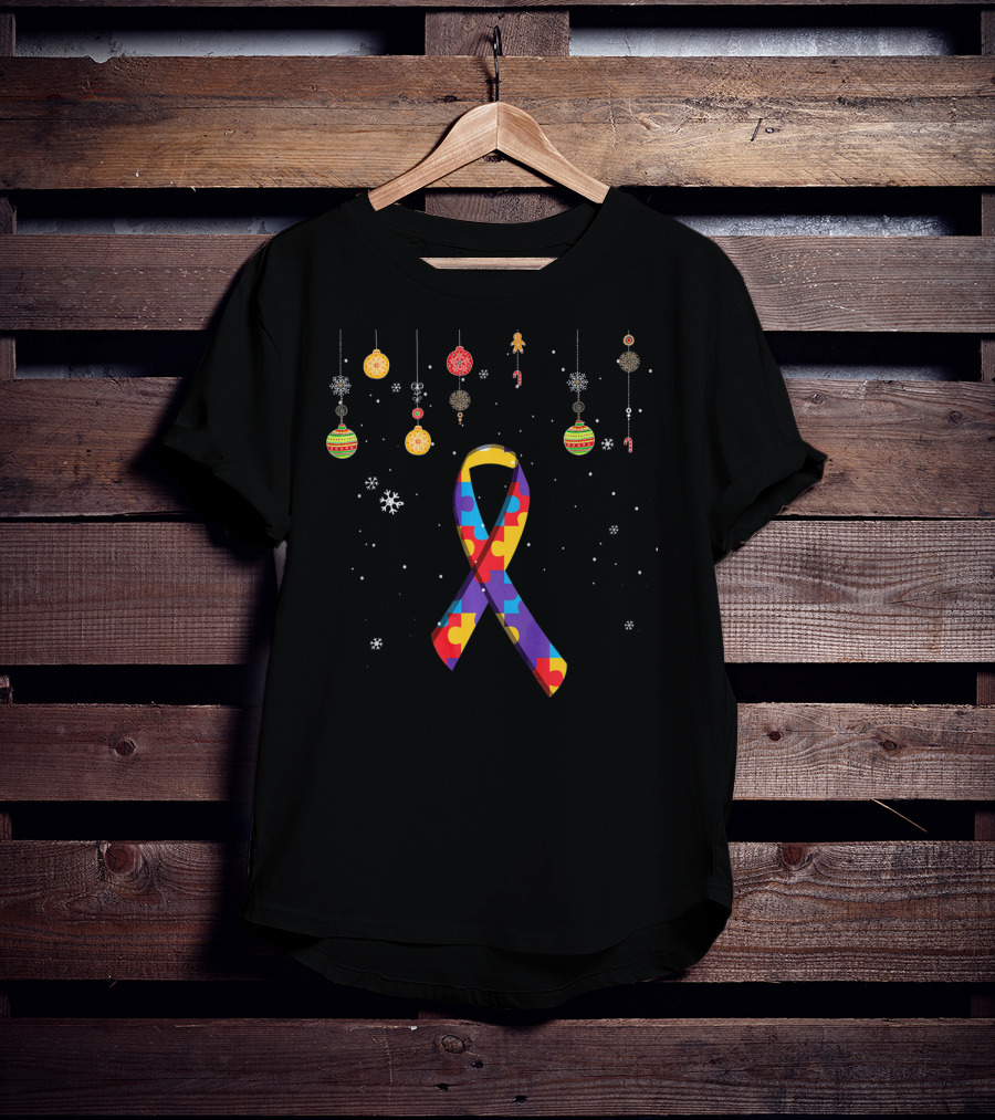 Autism Puzzle Ribbon With Christmas Ornaments And Snowflakes T-Shirt