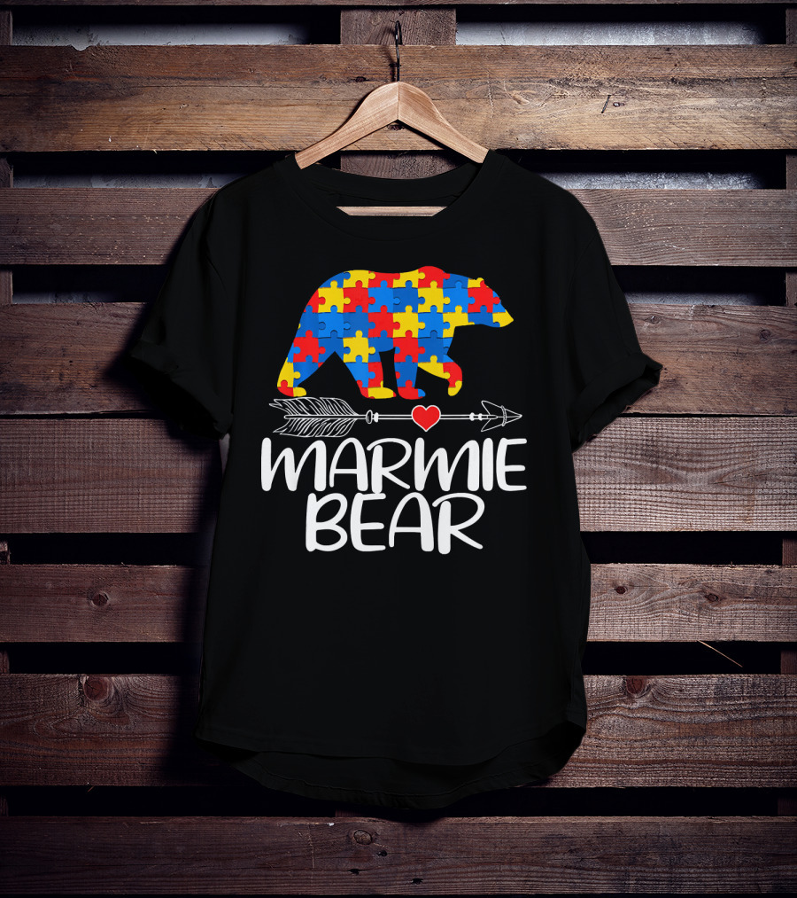 Marmie Bear Autism Awareness Puzzle Heart Arrow T-Shirt