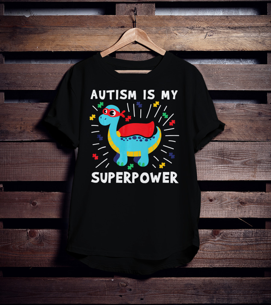 Autism Is My Superpower Dinosaur With Puzzle Pieces And Hero Cape T-Shirt