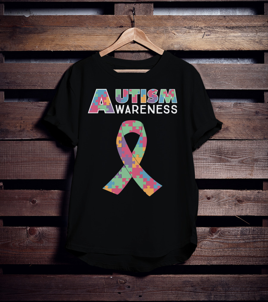 Autism Awareness Puzzle Ribbon And Colored Lettering T-Shirt