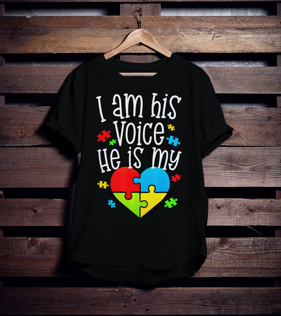 I Am His Voice He Is My Heart Autism Puzzle Pieces T-Shirt