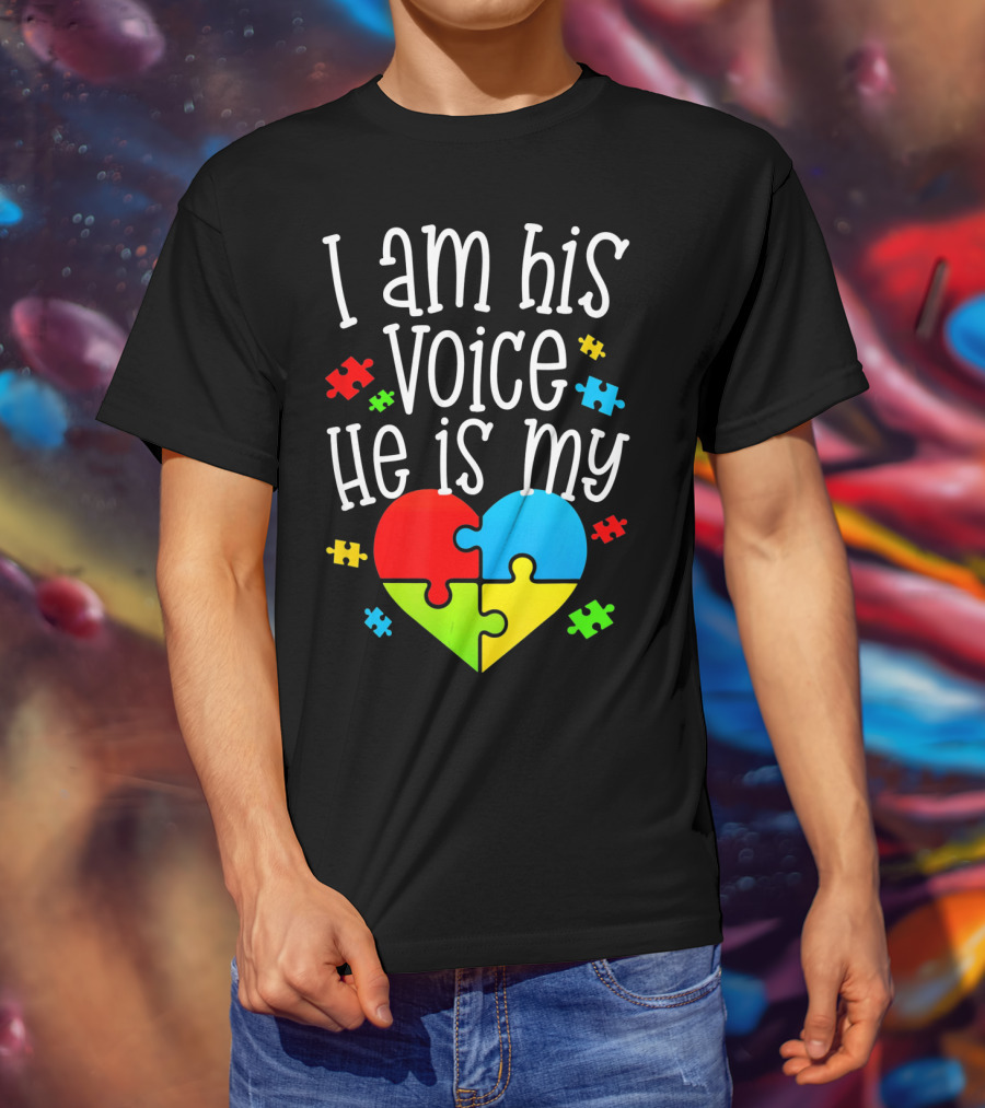 I Am His Voice He Is My Heart Autism Puzzle Pieces T-Shirt