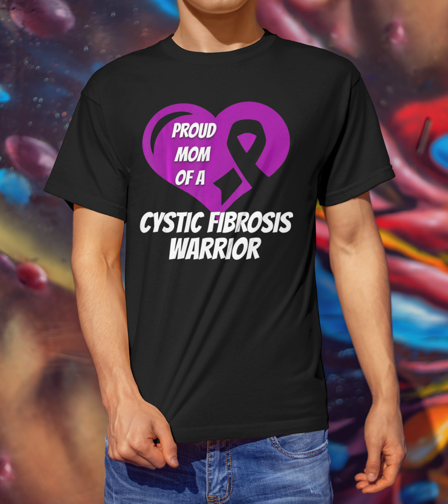 Proud Mom Of A Cystic Fibrosis Warrior Purple Ribbon Heart T-Shirt