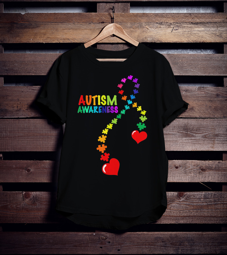 Autism Awareness Puzzle Heart Ribbon Rainbow T-Shirt