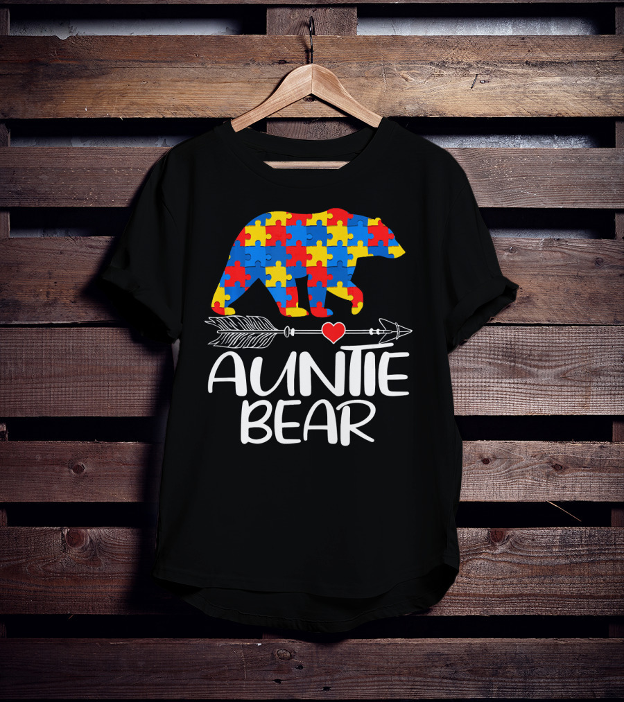 Autism Awareness Auntie Bear Puzzle Heart Arrow T-Shirt