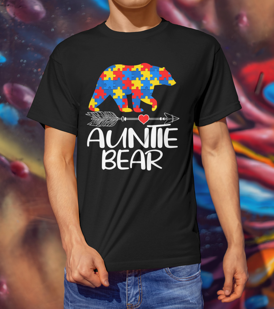 Autism Awareness Auntie Bear Puzzle Heart Arrow T-Shirt