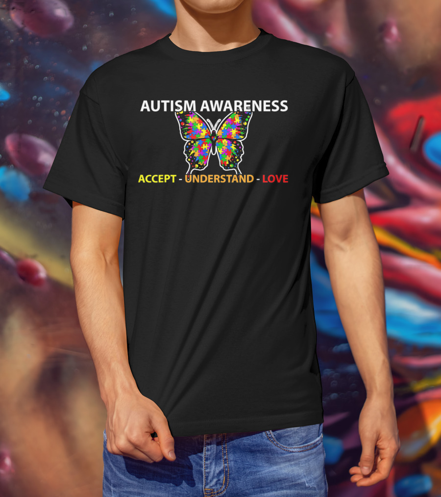 AUTISM AWARENESS Accept Understand Love Colorful Puzzle Piece Butterfly T-Shirt