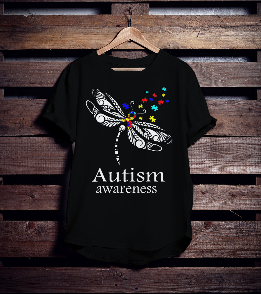 Autism Awareness Dragonfly Puzzle Pieces Symbolizing Support T-Shirt
