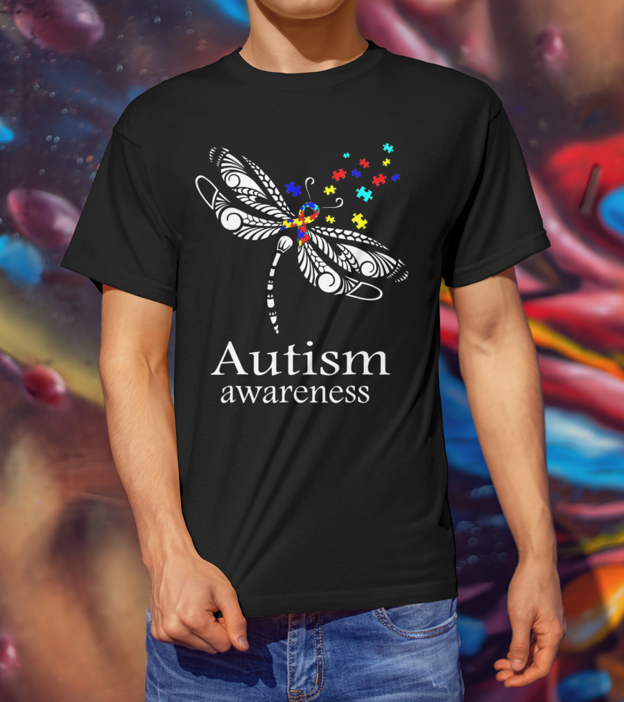 Autism Awareness Dragonfly Puzzle Pieces Symbolizing Support T-Shirt