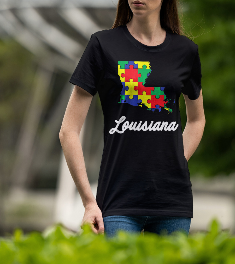 Autism Awareness Puzzle Map Louisiana T-Shirt