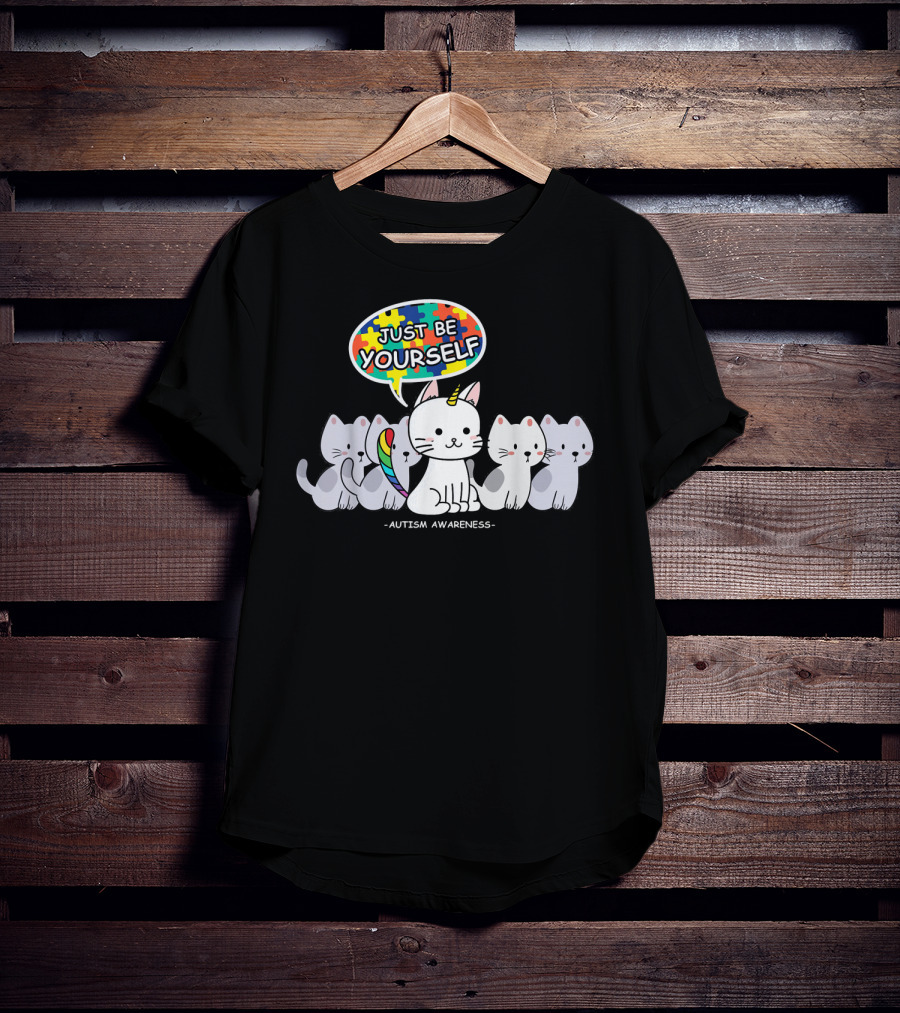 Autism Awareness Just Be Yourself Cat Unicorn With Puzzle T-Shirt