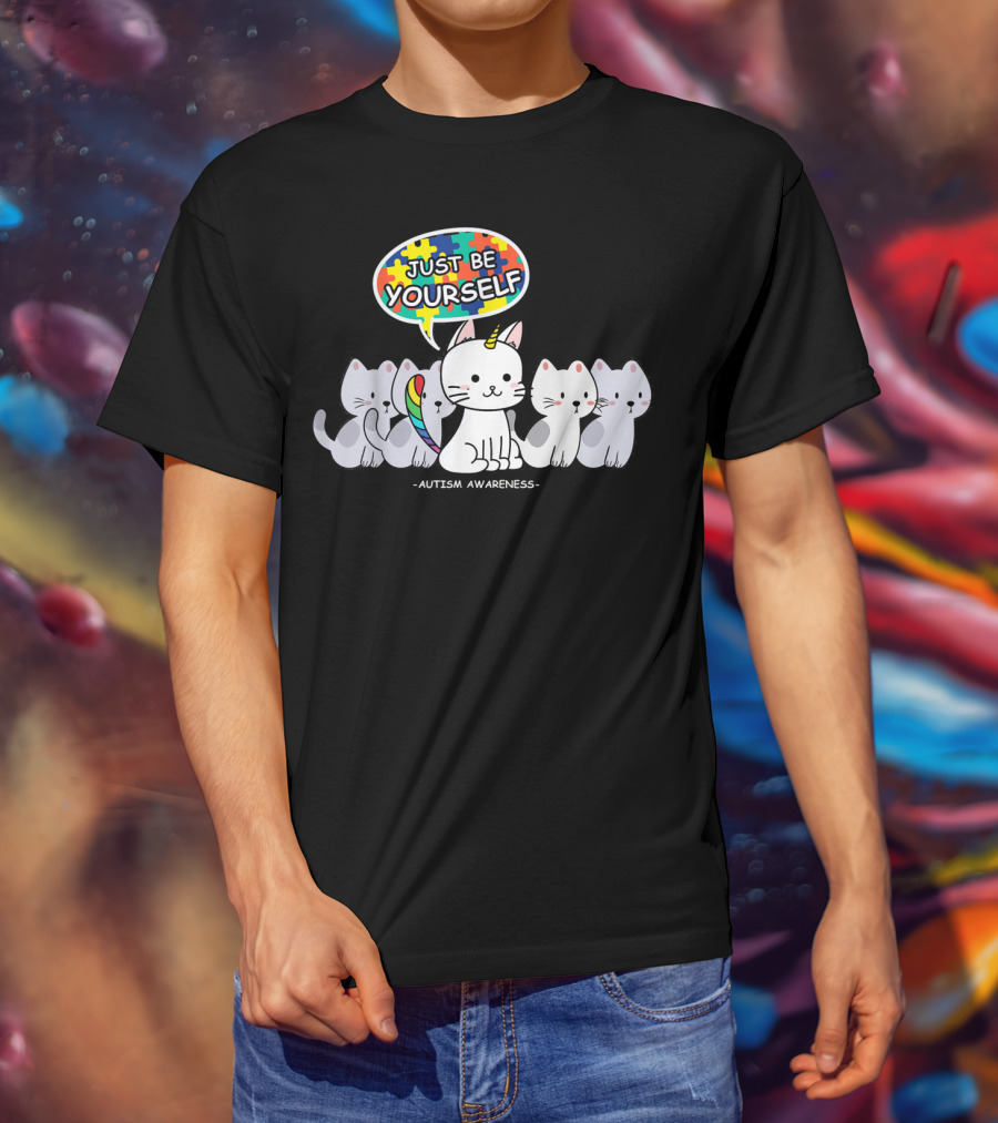 Autism Awareness Just Be Yourself Cat Unicorn With Puzzle T-Shirt