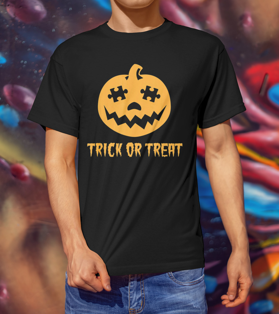 Trick Or Treat Halloween Autism Awareness Pumpkin Puzzle T-Shirt