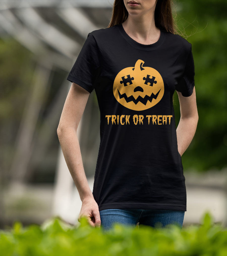 Trick Or Treat Halloween Autism Awareness Pumpkin Puzzle T-Shirt