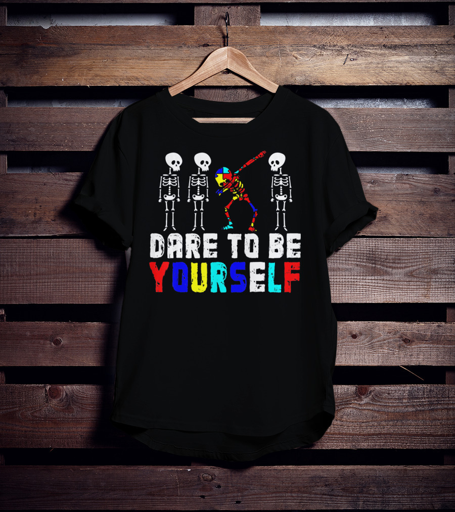Dare To Be Yourself Skeleton Dabbing Autism Puzzle Colors T-Shirt
