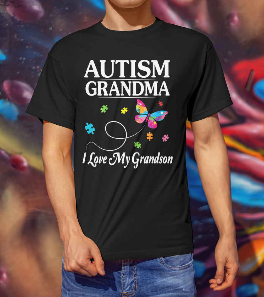 Autism Grandma I Love My Grandson Butterfly Puzzle Pieces T-Shirt