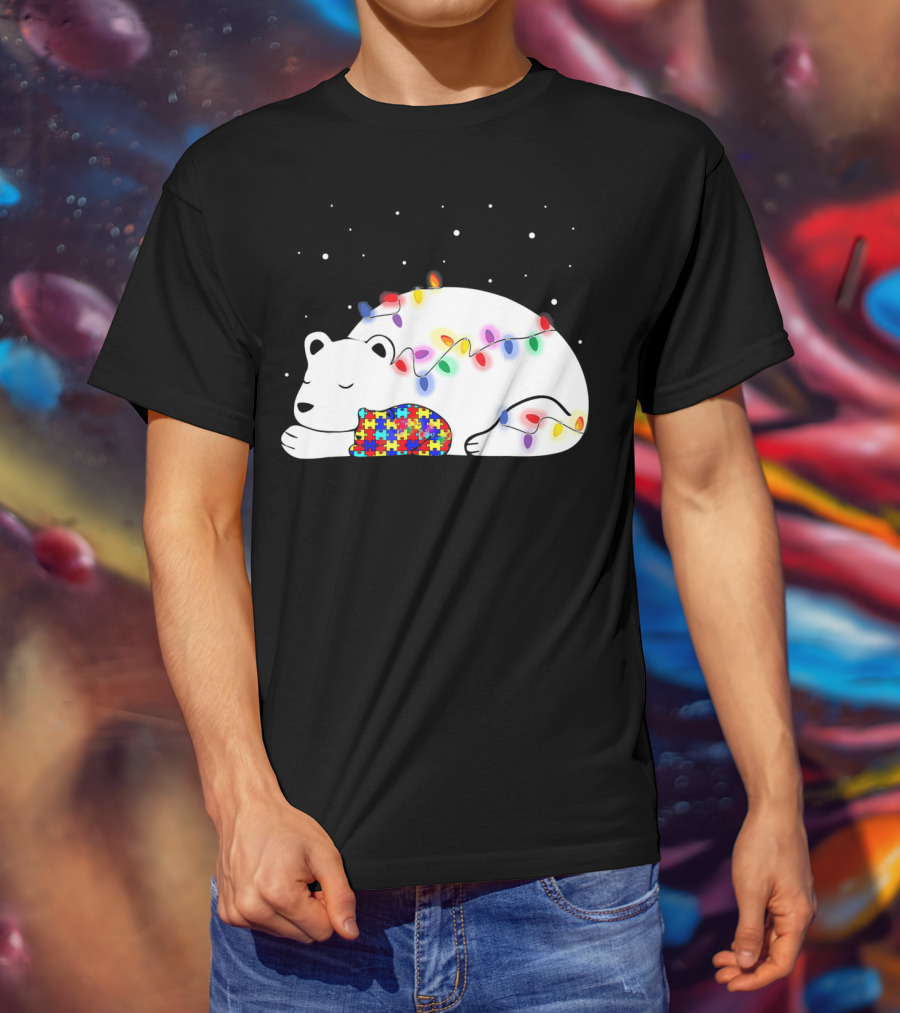 Autism Awareness Mama Bear Christmas Lights Puzzle T-Shirt