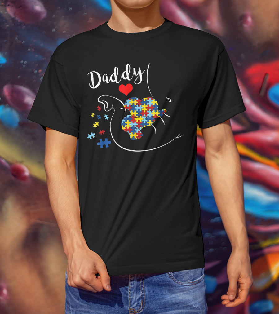 Daddy Elephant With Autism Awareness Puzzle Heart T-Shirt