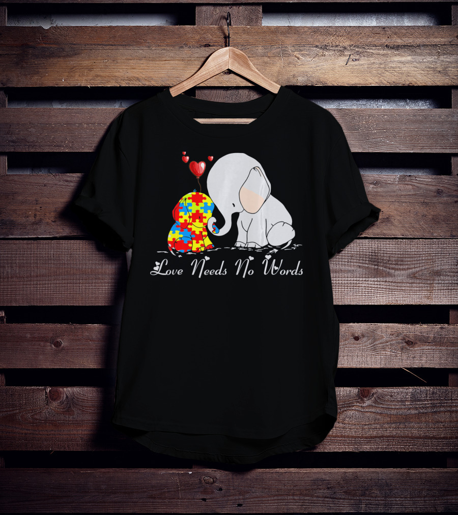 Love Needs No Words Autism Awareness Elephant Puzzle Hearts T-Shirt