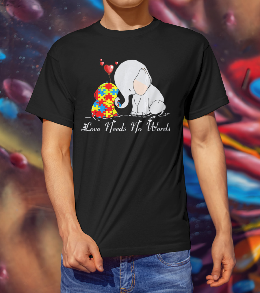 Love Needs No Words Autism Awareness Elephant Puzzle Hearts T-Shirt