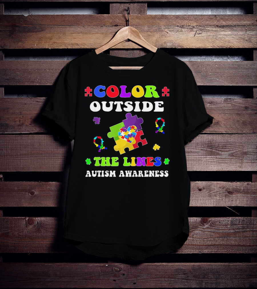 Color Outside The Lines Autism Awareness Puzzle Piece Heart T-Shirt